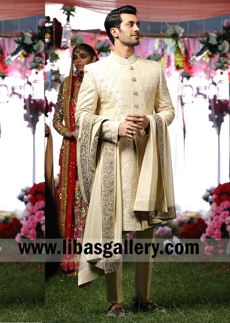Shahzad Noor in Ivory Men Raw silk Designer Sherwani suit for Wedding Nikah Barat day with Monochrome Embroidered Border Shawl Scotland New Zealand Dubai
