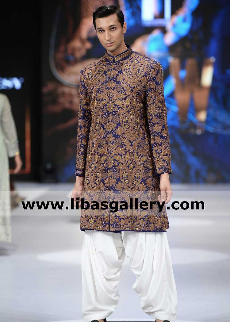 dark blue traditional sherwani for men nikah with heavy antique gold thread embroidery and hand embellishment crystal stone cut dana UK USA Dubai Canada