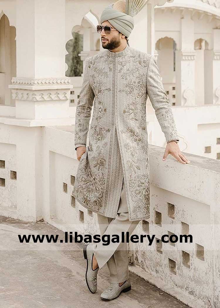 Groom Imam-ul-Haq donned a pastel green Gray Designer sherwani hand embellished with matching shoes Inner suit and turban on Nikah Barat day UK USA Canada Australia Dubai