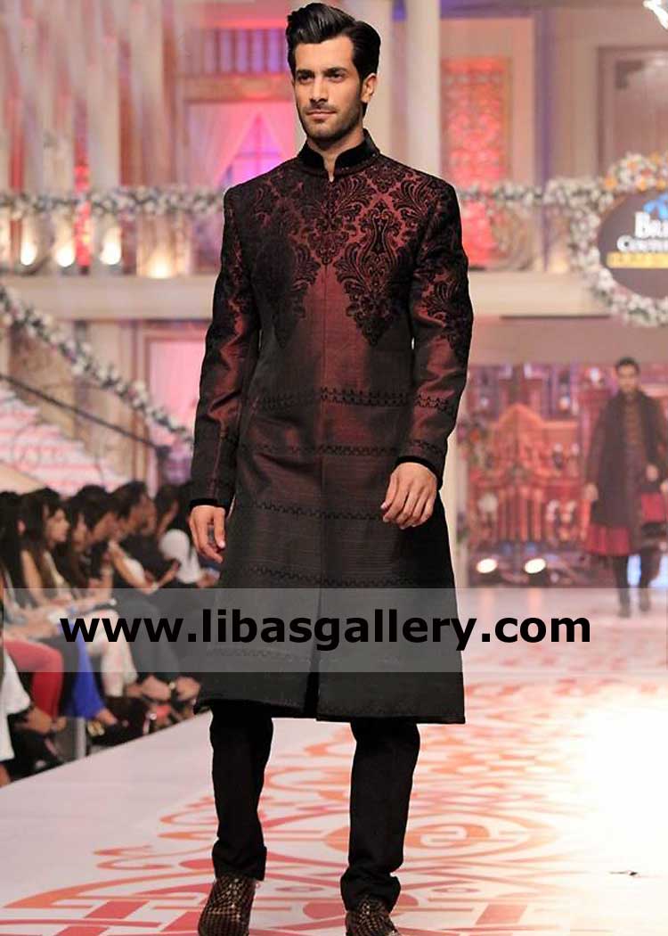 Shahzad Noor Men Wedding Sherwani Style in Maroon Raw silk with dark maroon embroidery on front and sleeves with matching Inner Kurta and Trouser Saudi Arabia Qatar Kuwait