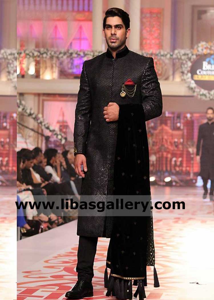 Black embroidered men sherwani design with velvet collar and black Groom Nikah Shawl with lace and Tassels Bristol Cambridge Canterbury UK