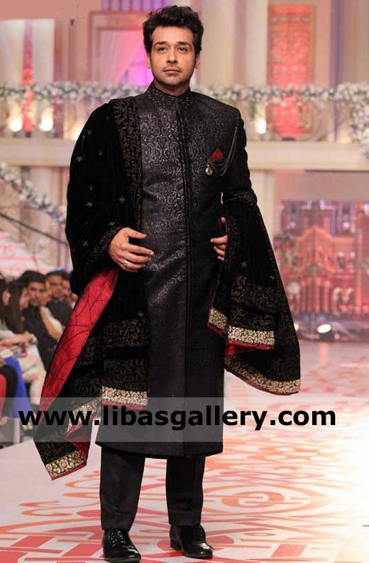 Faisal Qureshi showing Black Jamawar Wedding Jacket Design for Nikah Barat day with Black Gold Embroidered Shawl and Inner Suit Perth Sydney Brisbane Australia 