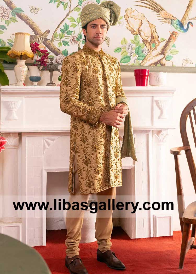 Shahjahan Style ensemble designer beige antique gold sherwani fully embroidered in threadwork and embellished with resham and antique gold work UK USA Dubai
