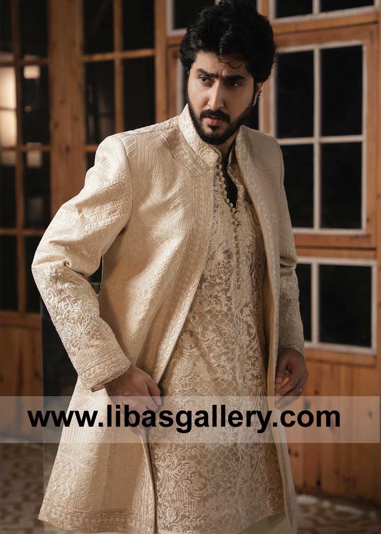 Ivory white open style Men wedding jacket for Nikah and Occasion with organza embroidered kurta and churidar pajama London Birmingham Liverpool UK