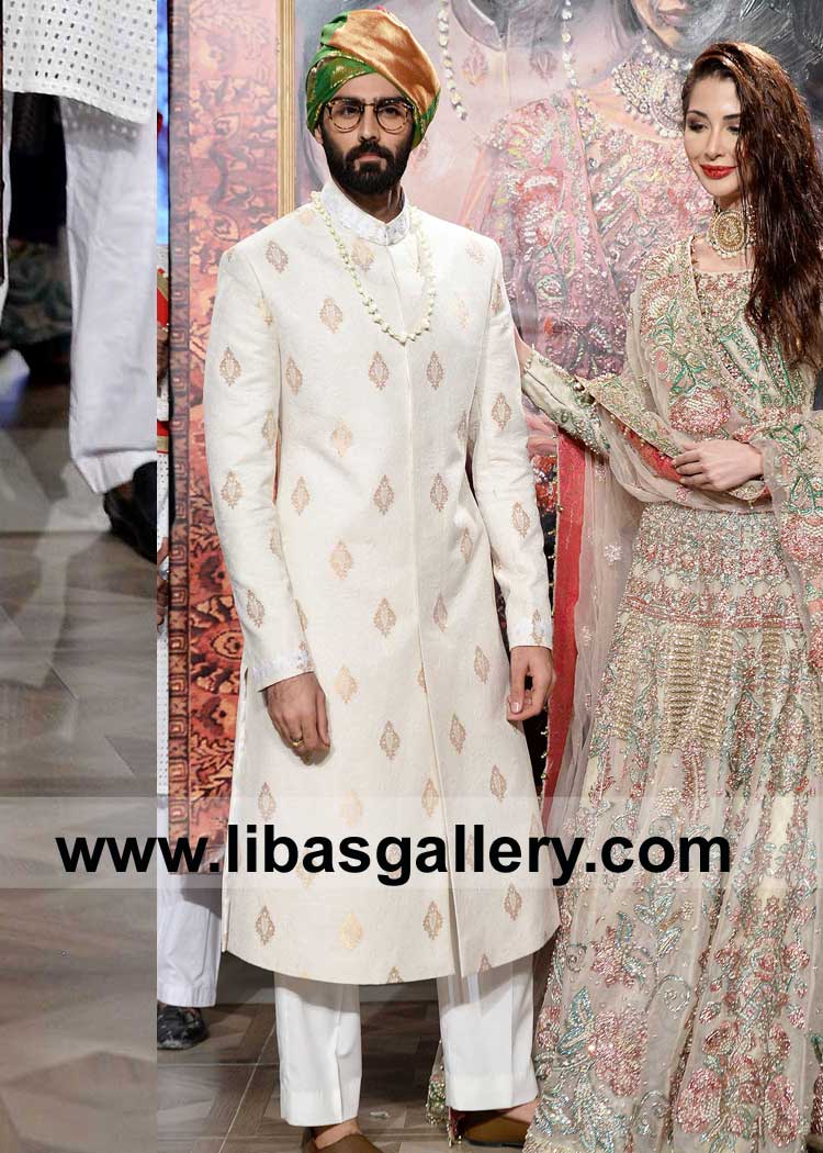 Hasnain lehri in Off White Exclusive Jamawar Designer Men Nikah Barat Sherwani suit with matching inner kurta pajama Newport Swansea Bradford UK