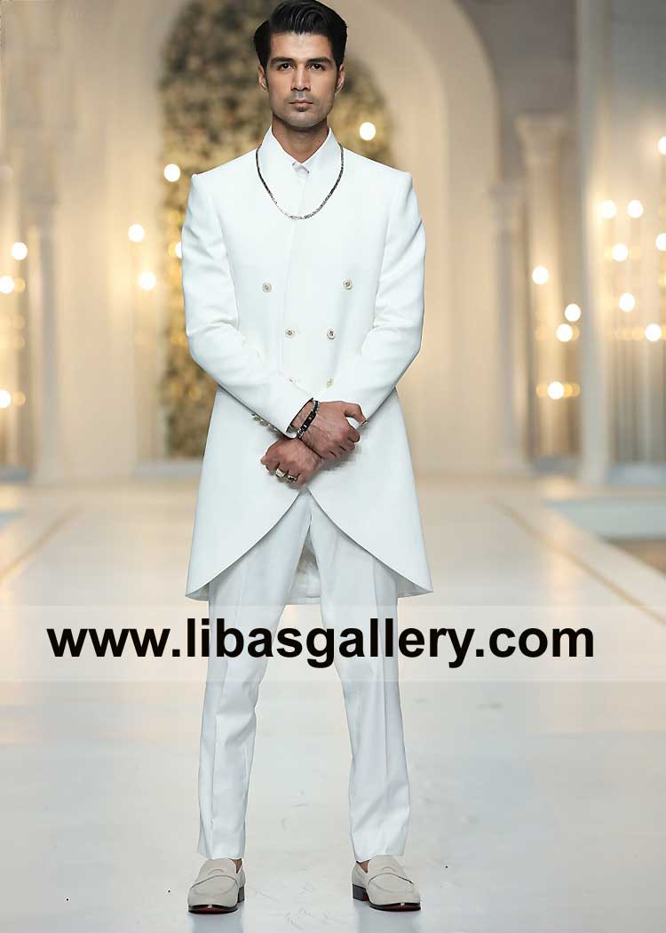 Angrakha A shape open Daman White Men Sherwani Article in Suiting fabric imported italian high quality paired with inner kurta pajama UK USA Canada Dubai Australia