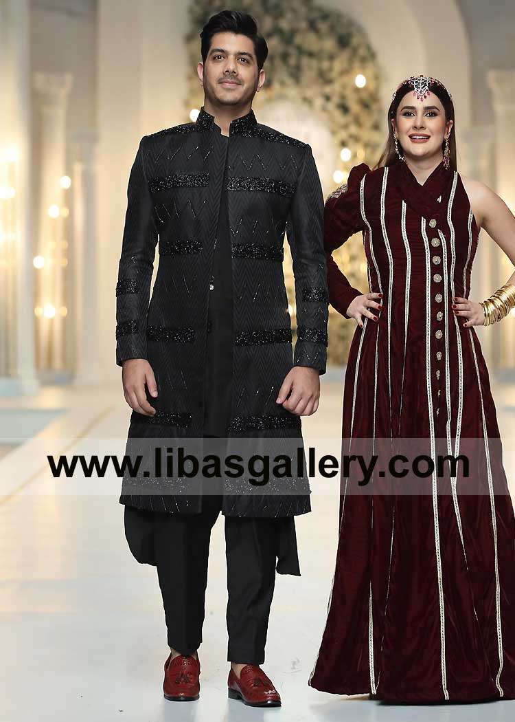 Goher Mumtaz Wearing Black Hand Embellished Groom Fancy Designer Sherwani Article for Nikah Barat day with Matching Inner kurta pajama Qatar USA UK Dubai