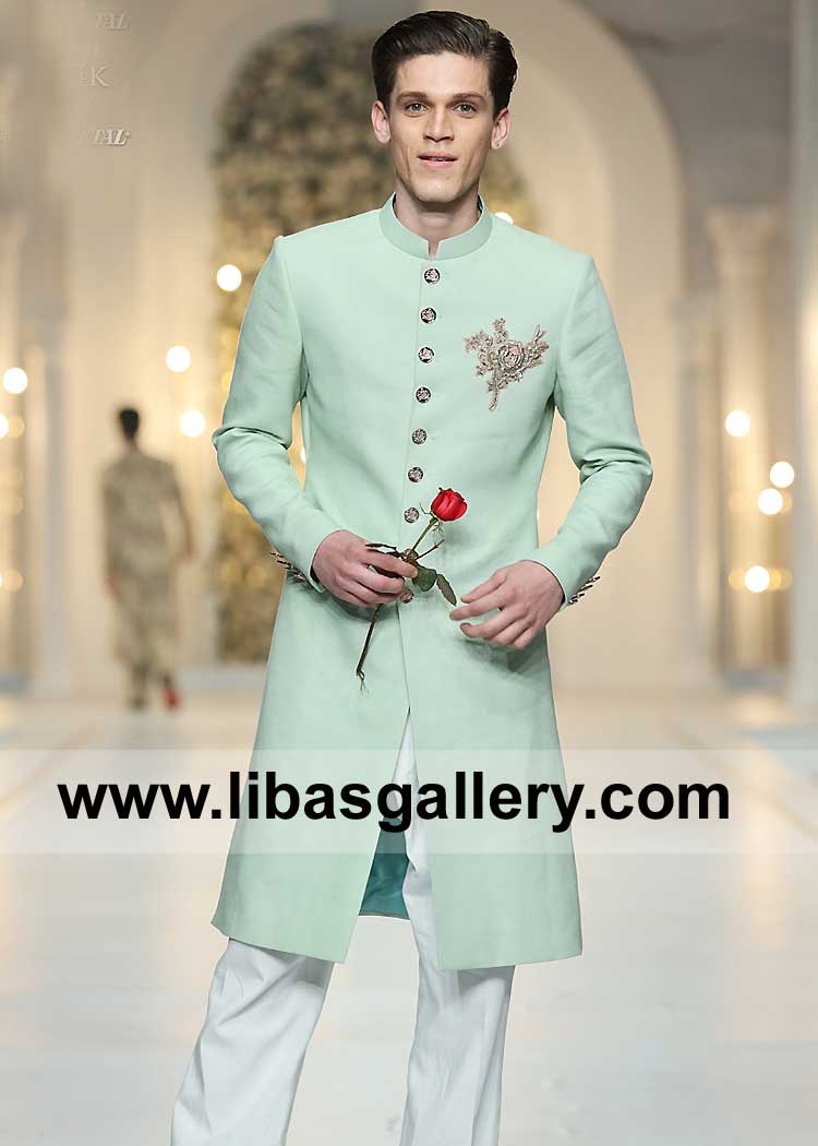 Light celadon Men Sherwani Style with chest Embroidery Motif and Fancy Metal Buttons paired with white kurta pajama suit New york California Honolulu USA