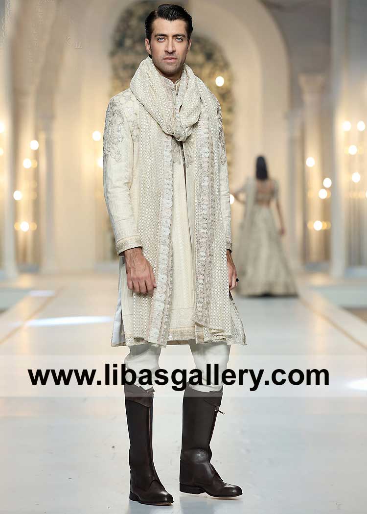 Munsif Ali khan in Off White Men Nikah Barat Sherwani Suit with Embroidery on Arms Chest Collar and Hem paired with matching embroidered Groom shawl and inner France Germany Saudi Arabia