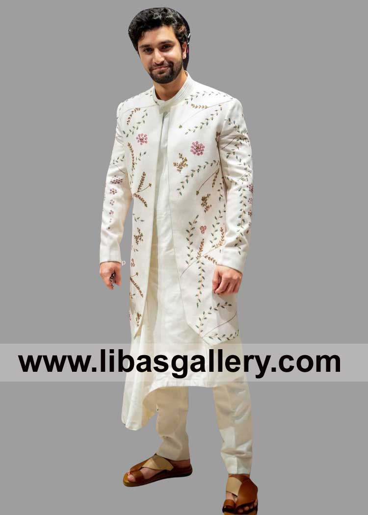 Ahad Raza Mir Spotted in Off White Open Style Men Sherwani with Colorful Leaves Embroidery Pattern on Front and sleeves France UAE Qatar