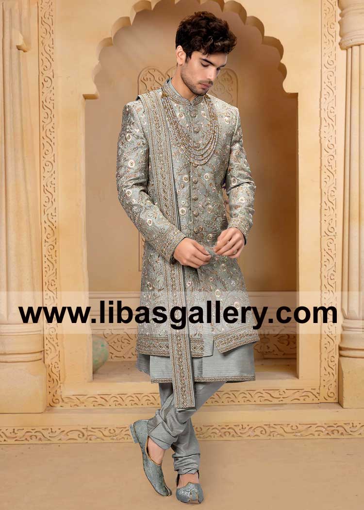 Gray Embellished Beautiful Men Wedding Raw Silk Sherwani Article with Matching Inner Kurta Churidar Khussa and Shawl London Toronto Perth Dubai New york