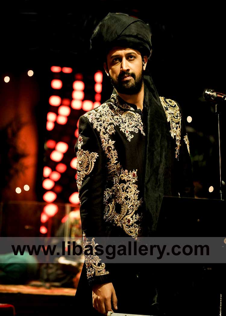 Atif Aslam in Black Wedding Sherwani with Gold Embroidery paired with Black Inner and Turban London Southhall Birmingham UK