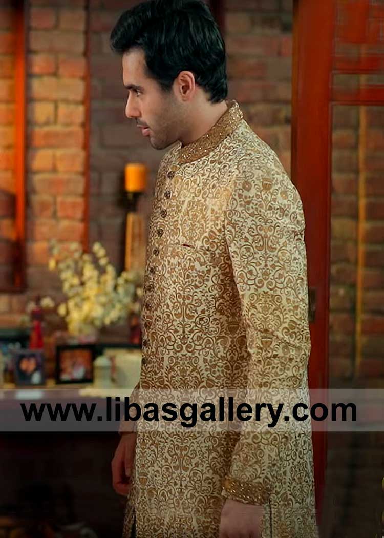 Ameer Gilani in Gold Sherwani hand Embellished Collar Cuff by Kora Dabka Crystal for Marriage Nikah with inner Suit Saudi Arabia Qatar Dubai