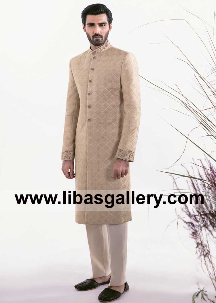 Hasnain Lehri Gold Sherwani with Embroidered Surface on Jamawar Fabric and Band Cuff and Buttons Embellished with Floral Details San Diego Memphis Kansas City USA
