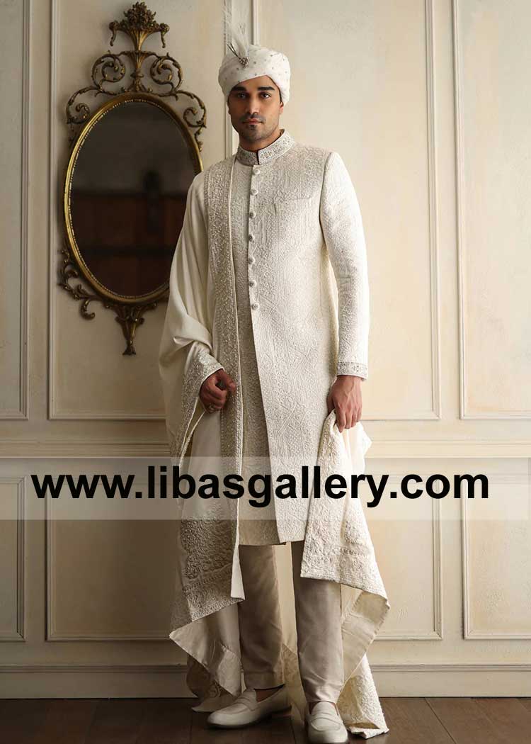 Self Embroidered Raw silk Wedding Sherwani Suit in off white for Marriage Nikah Event paired with Inner Suit Shawl and Turban Colorado Springs New Orleans Goodyear USA