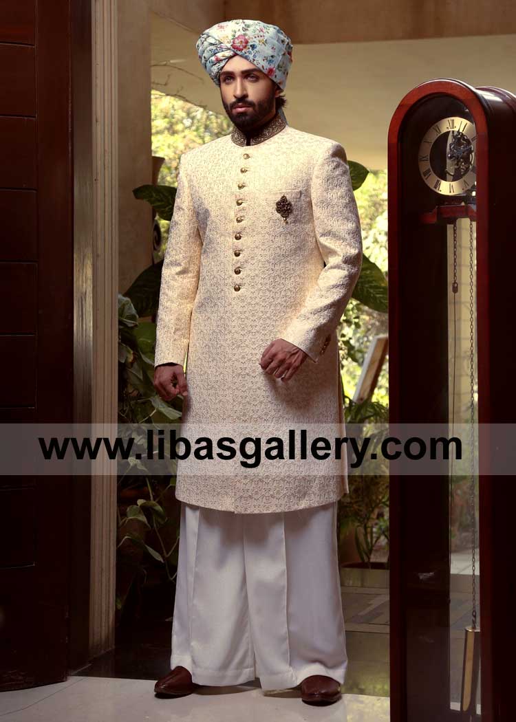 Azfar Rehman in Royal silhouettes Men heavy Embroidered Thin Pattern Wedding Sherwani Suit for Nikah Barat happy time with family UK USA Canada Australia Dubai 