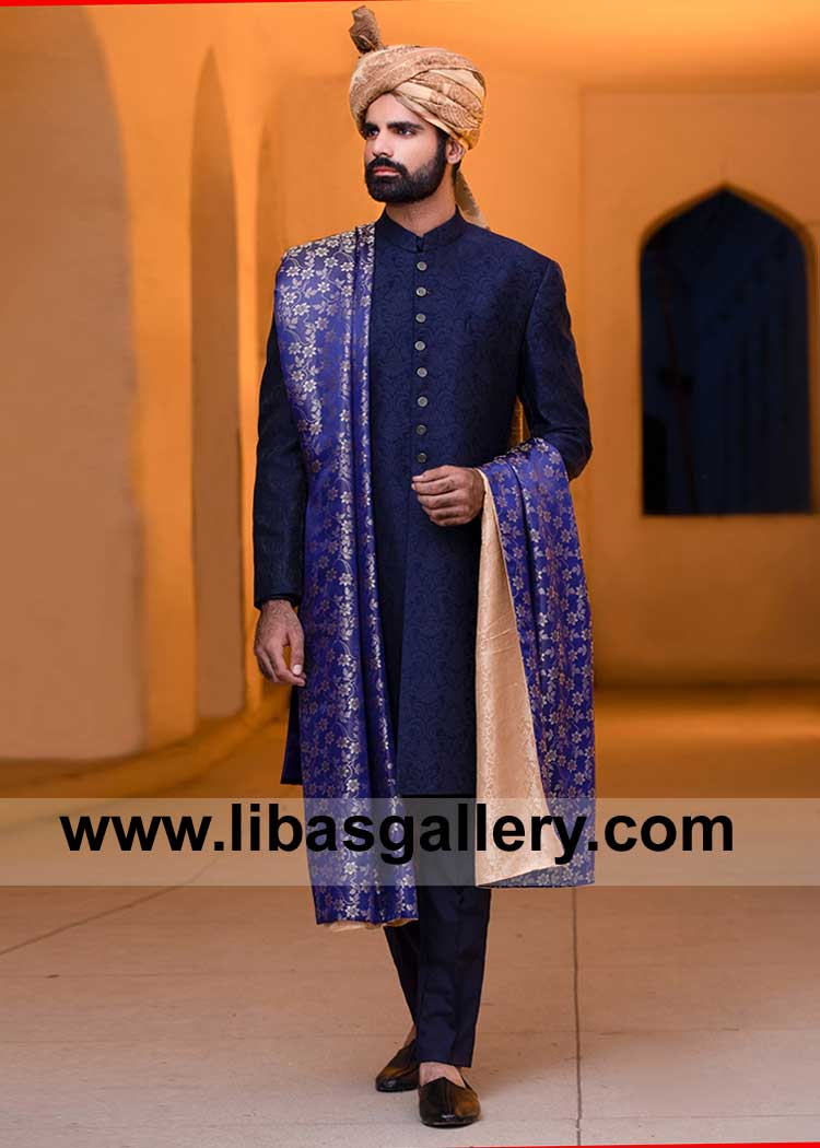 Classic outer space Blue Karandi Jamawar Men Wedding Sherwani Ensemble paired with Blue Jamawar Groom Shawl Gold Turban USA Saudi Arabia UK