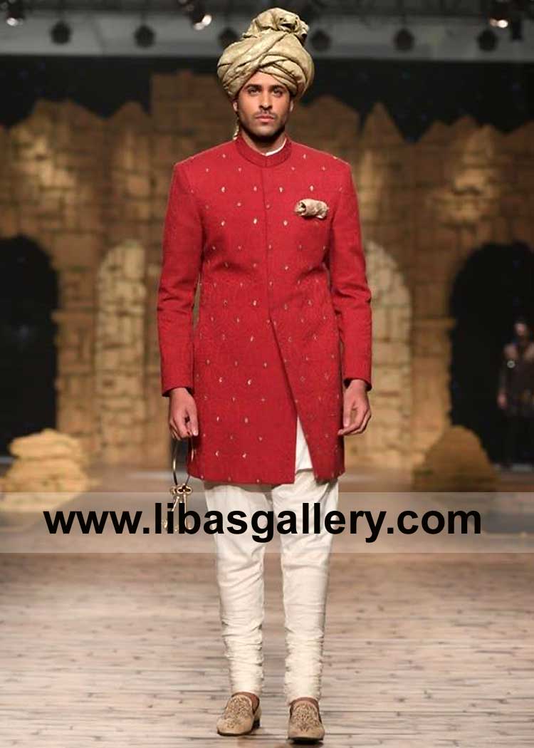 Latest Trendy Sherwani Dress for Men Marriage Nikah paired with off white kurta churidar pajama and Gold Jamawar Turban Kansas City Lubbock Fernley USA
