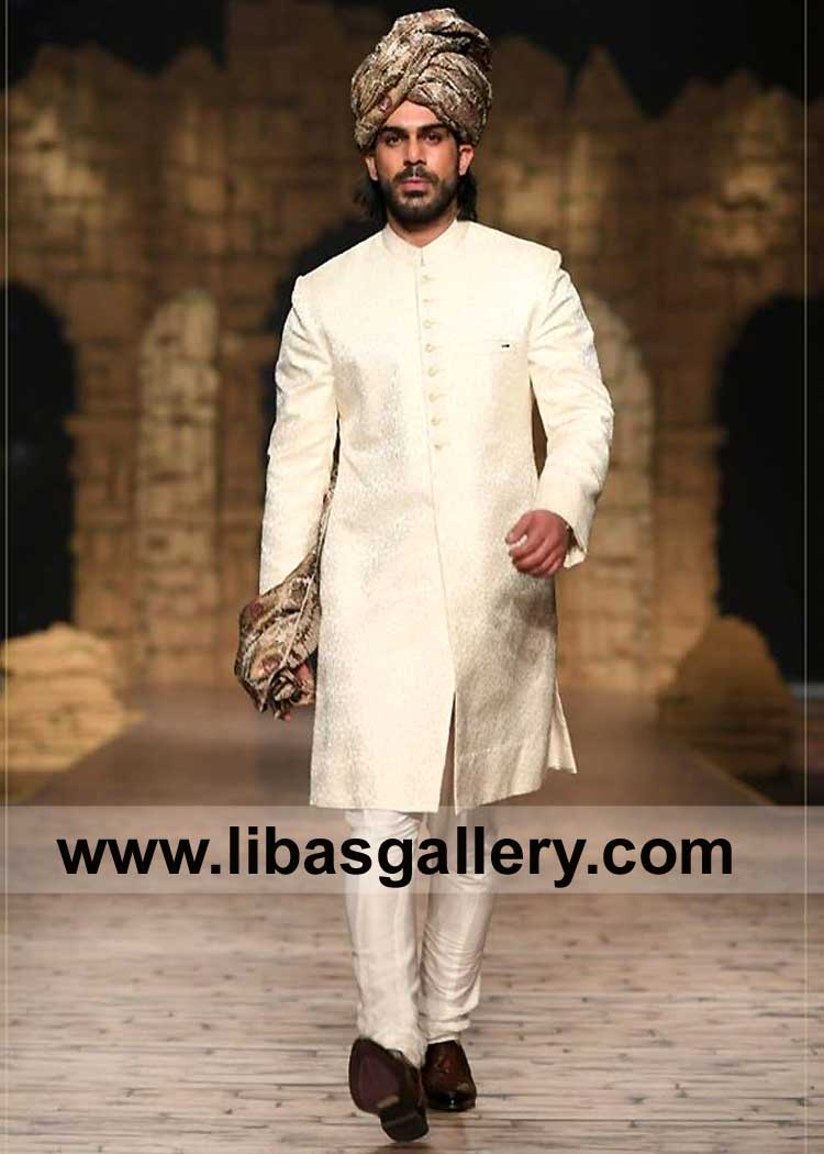 Prince Charming Ivory Off White Jamawar Groom Wedding Sherwani Style with matching inner kurta and pajama paired with jamawar turban West Sussex West Yorkshire West Midlands UK