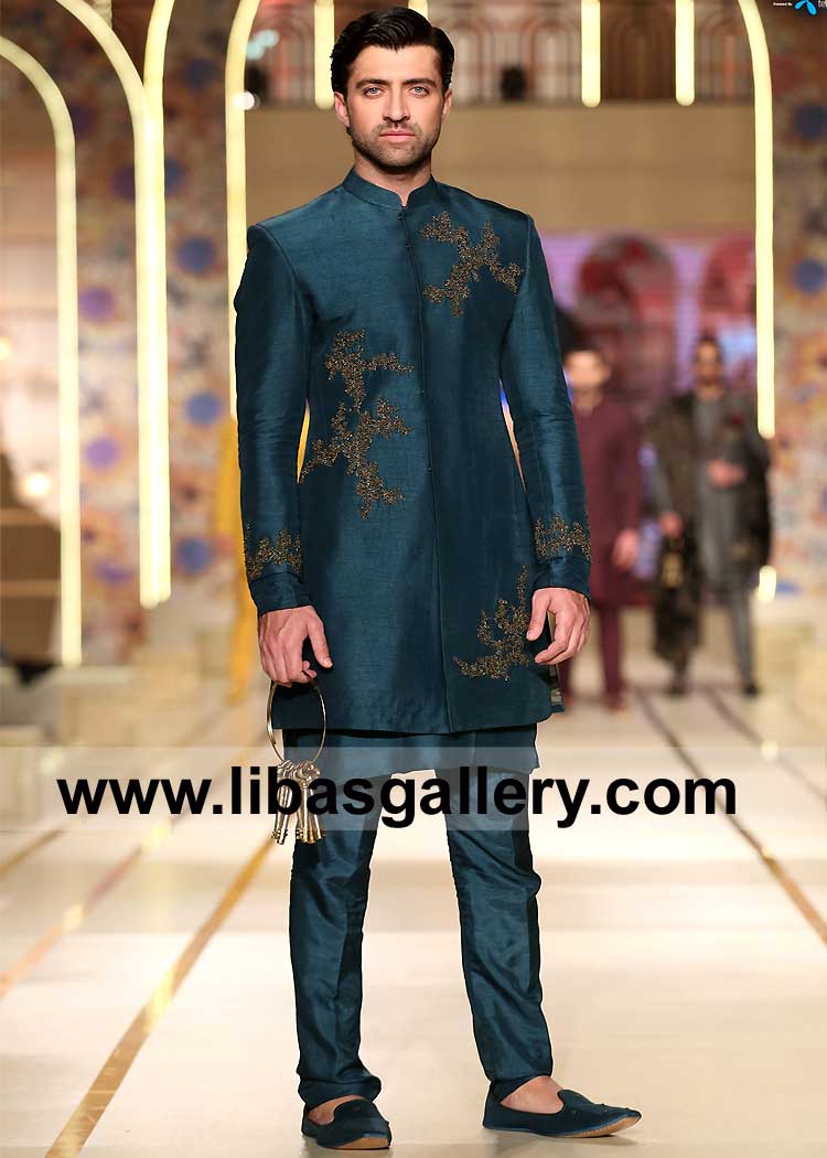 Men Indo Western Style Dark Teal shade Wedding Jacket with Gold Antique kora dabka sequins crystal hand embellishment France Spain Sweden Europe