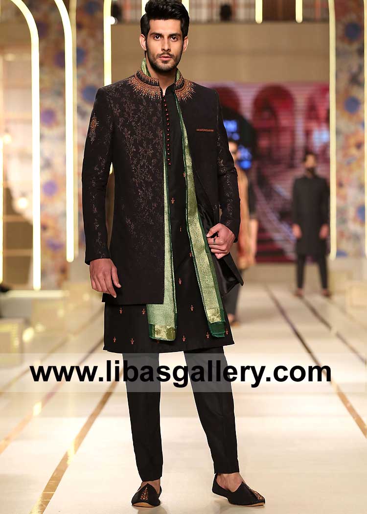 Black Sherwani Article with Antique Gold hand embellishment on Collar and Sleeves made for Groom Marriage Nikah Qatar Saudi Arabia Dubai Canada