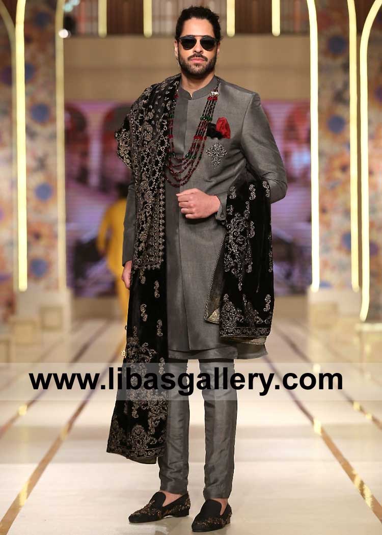 Plain Men Sherwani in Gray shade for Special Occasion compliment with matching inner kurta pajama and Groom Shawl Alaska Florida Oklahoma USA