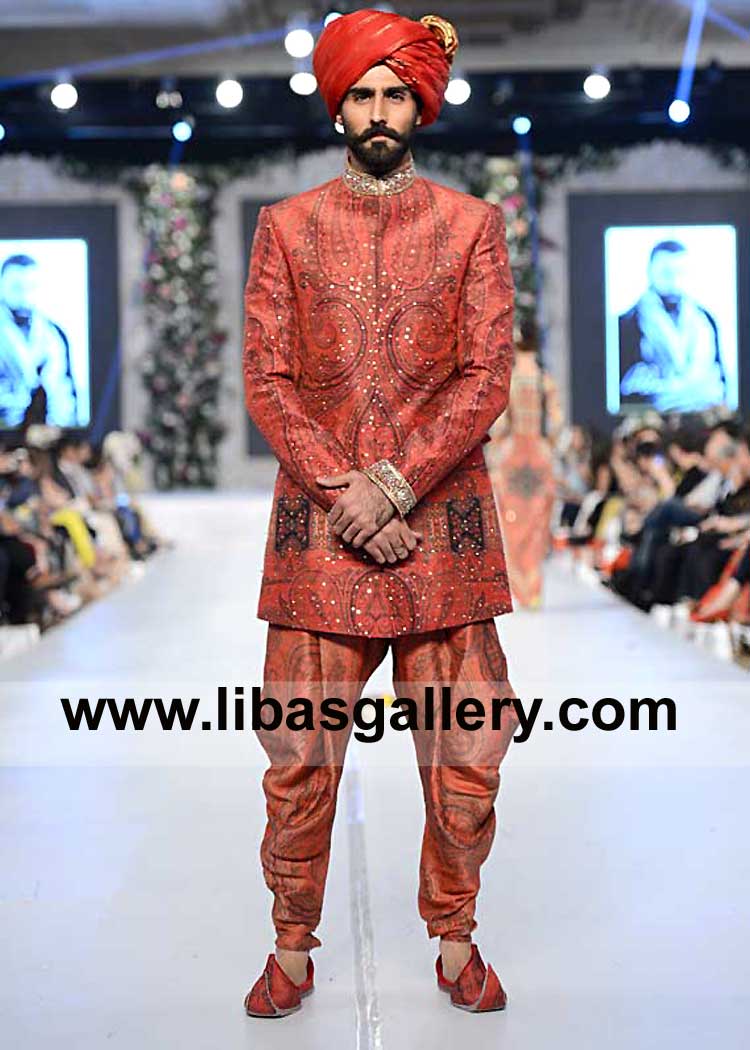 Short length Porcelain Rose Indo Western Style Groom Jamawar Nikah Sherwani Set with Turban Khussa Inner Sydney Melbourne Perth Australia