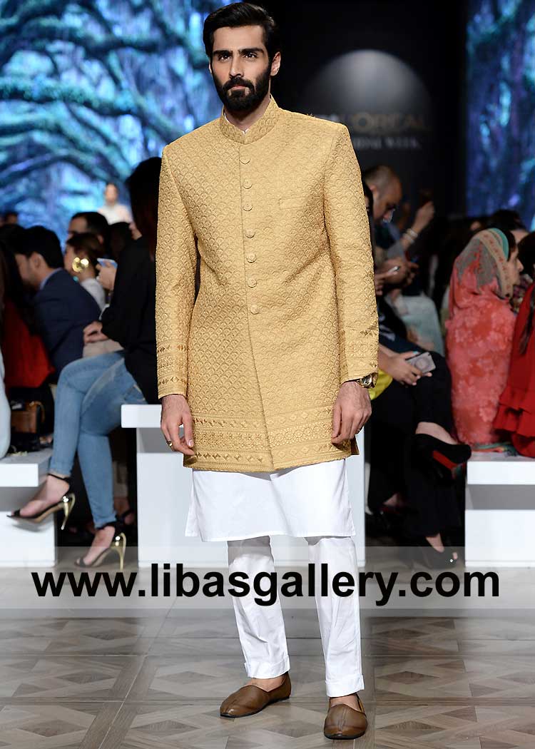 Artemisia Gold Embroidered Designer Wedding Sherwani for Nikah Ceremony paired with white inner and sherwani matching buttons UK USA Canada Dubai Australia