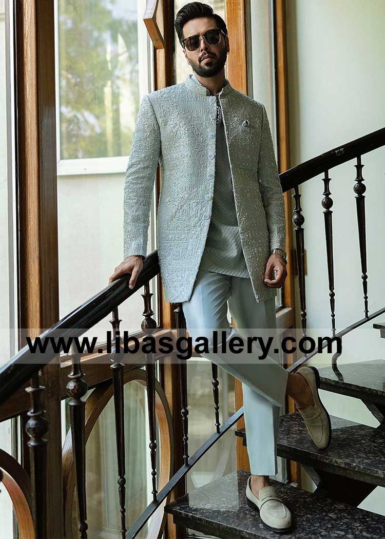 Ice Blue Short Length Self Jamawar Groom Wedding Sherwani craftsmanship by Kora Dabka UK USA Canada Australia Dubai