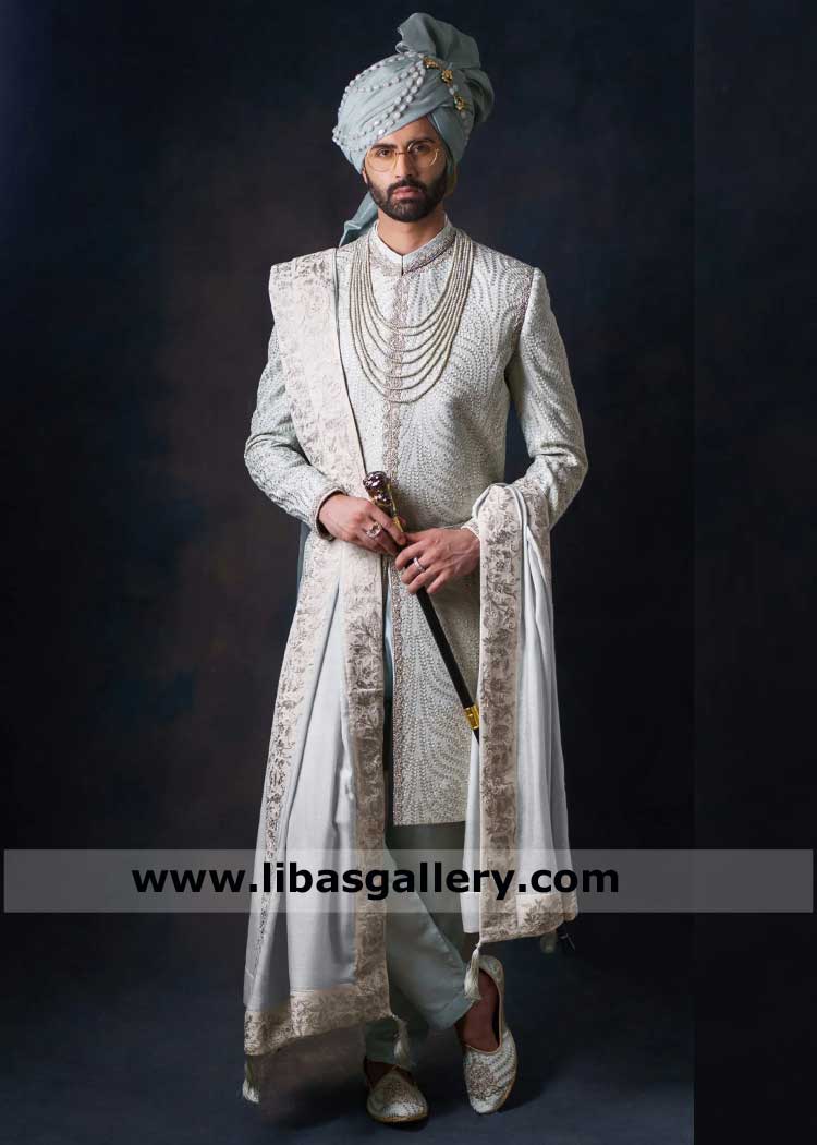 Sherwani light green hand embellished for Groom Nikah, Wedding Sherwani styles with Turban, Designer sherwani UK USA Canada Dubai Australia