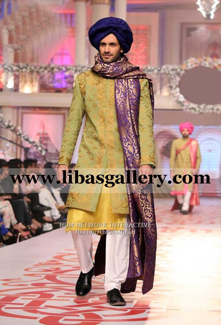 shahzad noor in light green gold heavy embroidered groom wedding sherwani nikah barat purpose uk usa uae canada