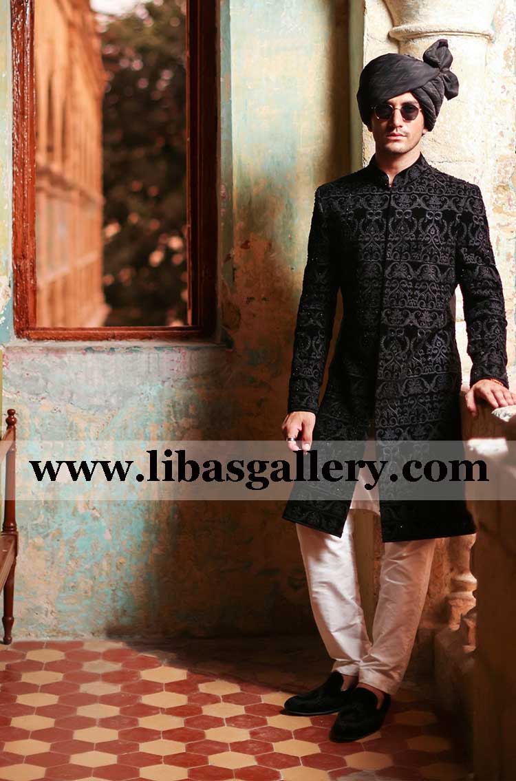 black groom wedding sherwani embroidered for marriage event nikah silver embroidery and black jamawar pagdi london southhall birmingham uk