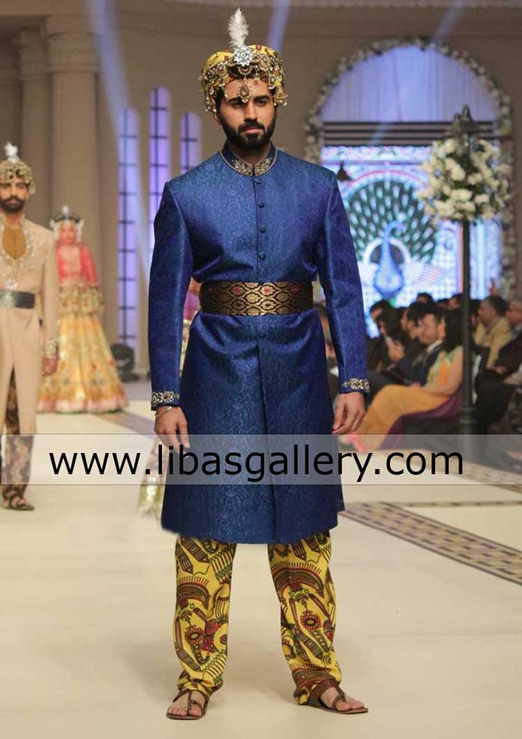 blue jamawar sherwani for groom with jamawar wide waist belt like royal ...
