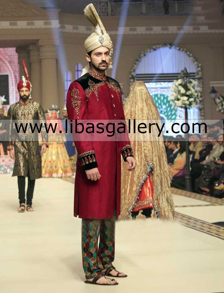 black and maroon dual fabric hand embellished kora dabka swarovski cryslal sequins groom sherwani dress saudi arabia usa uk canada