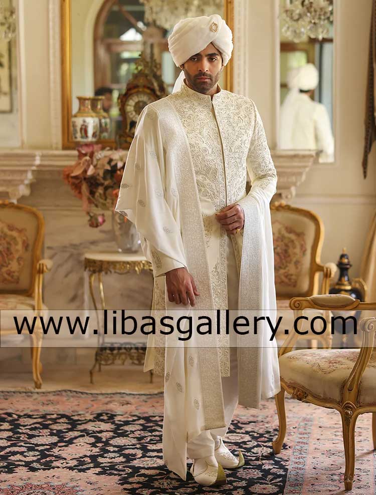 limited edition groom off white barat sherwani crafted with intricate embellishment on front sleeves collar qatar saudi arabia usa