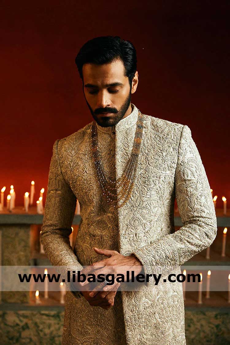 Ivory self jamawar groom wedding sherwani wahaj ali celebrity adda work and silk thread plus french knot motifs germany kuwait france
