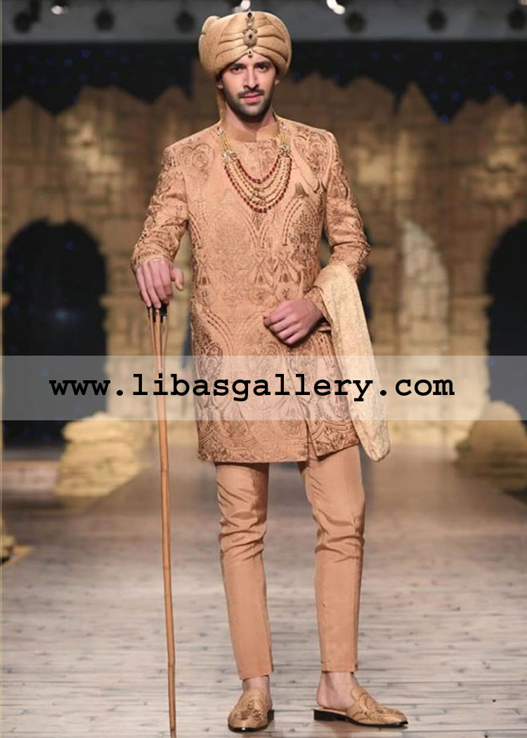 carefully tailored groom wedding sherwani for charming groom nikah barat session matching turban trouser khussa uk usa canada