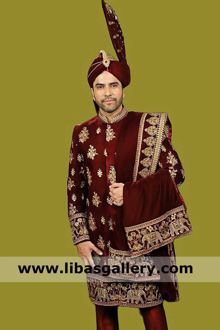 pure red velvet embroidered wedding sherwani nikah barat set with pretied turban and embroidered shawl matching uk usa canada