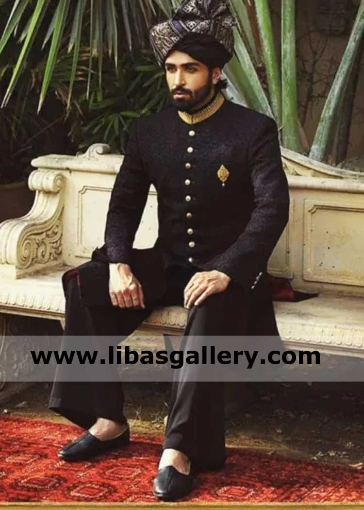 Black gold heavy embroidered wedding sherwani azfar rehman for nikah and barat enjoyable day 4 season dulha achkan saudi arabia uk usa canada