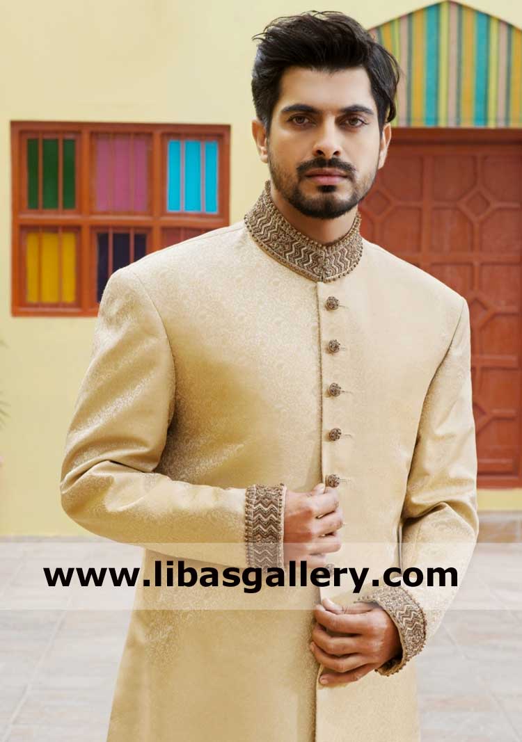 Light Gold Embroidered bespoke groom sherwani design kora stones thread work on collar cuff of achkan for dulha marriage uk usa canada dubai australia