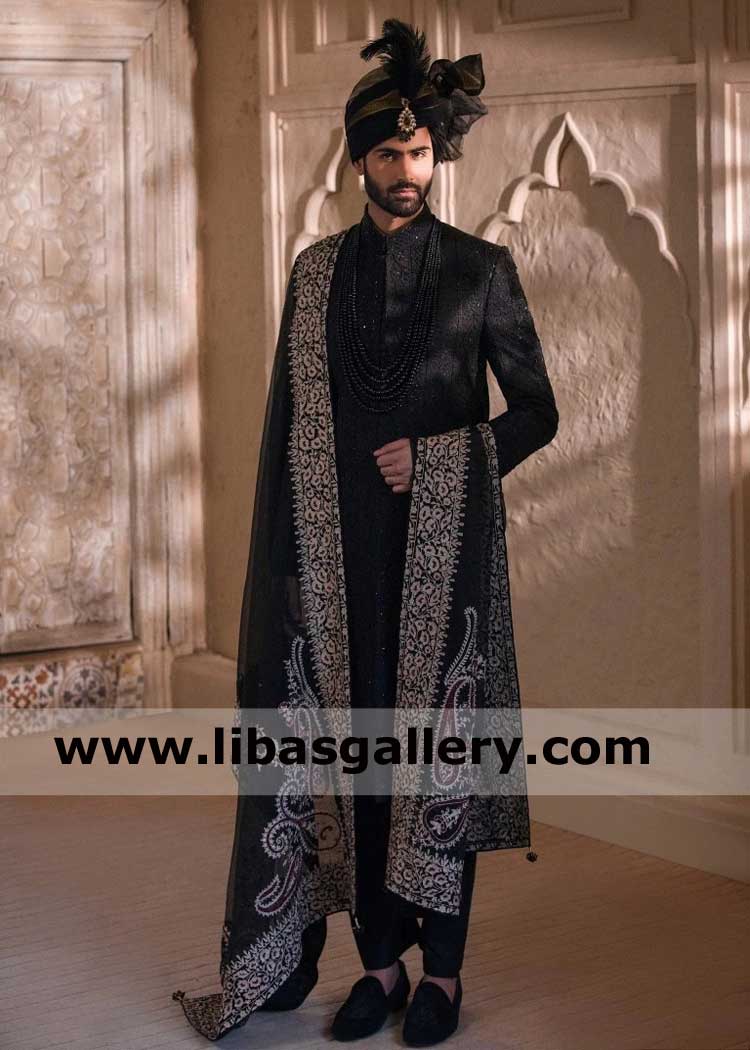 Black Embroidered Groom Wedding Sherwani set, Embroidered Shawl and black turban, Black Sherwani with Shoes San Antonio Dallas Austin USA