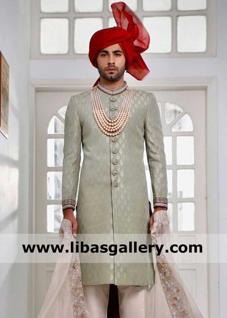 Light Green Jamawar Classic Groom Wedding Sherwani suit add pretied organza red turban embroidered white shawl and khussa UK USA Canada