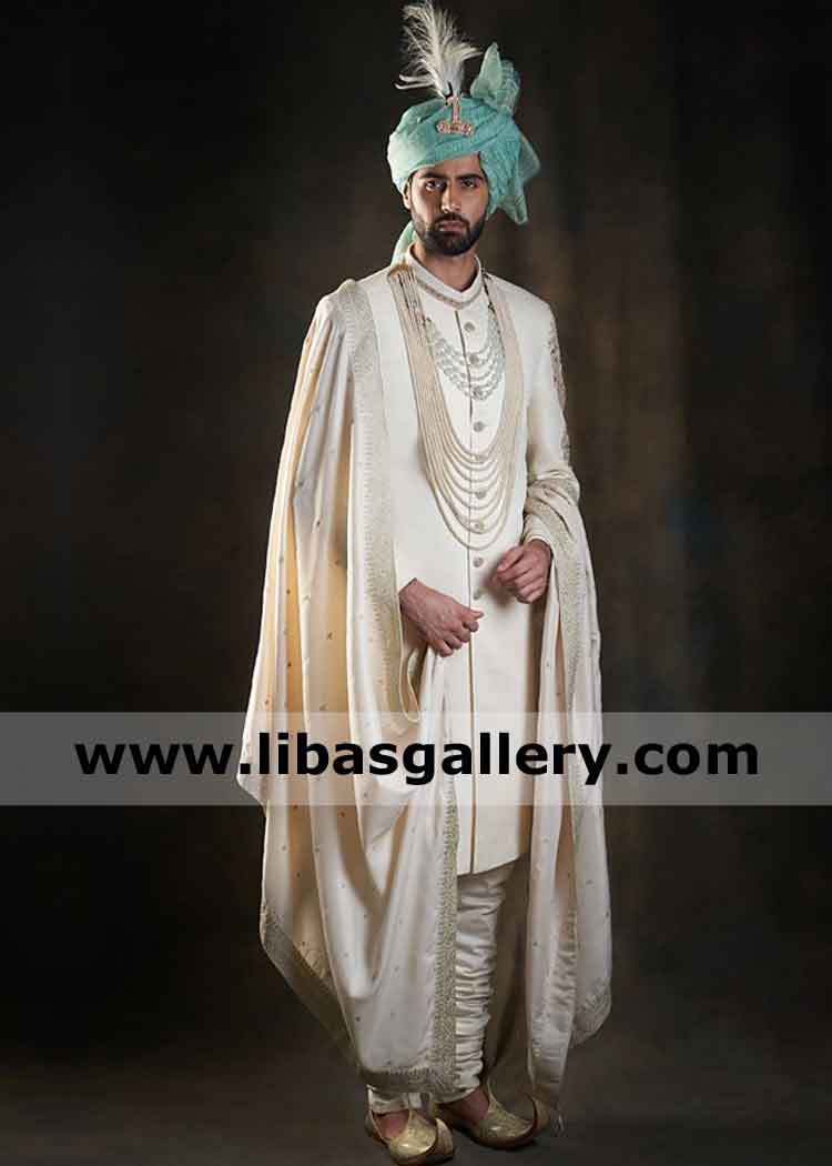 Grand Embroidered White Groom Wedding Sherwani Design with Turban Khussa and Embroidered Shawl New York California Illinois USA