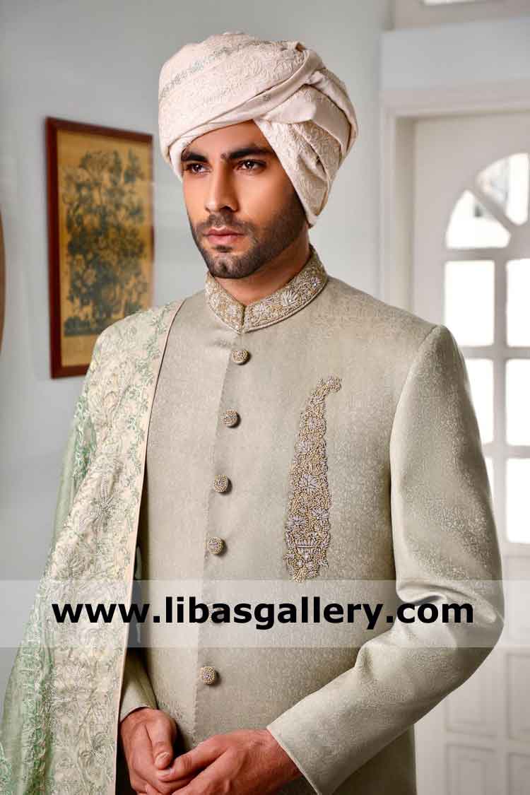 Men Beautiful Jamawar Wedding Sherwani Design kora thread hand embellished Collar and Motif on left panel Chicago Sugarland Texas USA