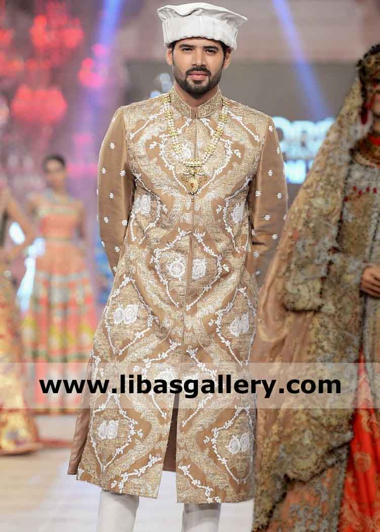 Men Sherwani Gold with Beautiful heavy hand embellishment custom made for Nikah barat day with kurta pajama suit Fort Collins Lakewood USA