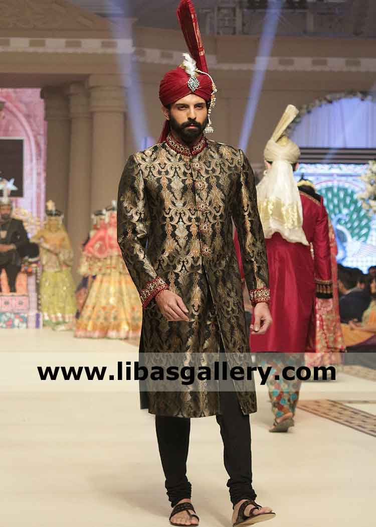 Jamawar Men Sherwani black fancy hand embellishment on collar cuff with red tower kulla order online for summer winter event Qatar Kuwait Oman