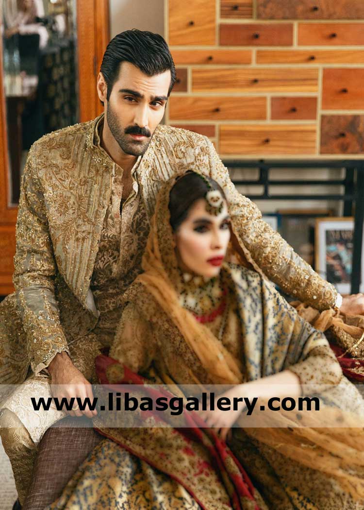 Royal Crown Prince hasnain lehri Men Wedding Sherwani heavy gold hand embellishment on front sleeves collar for nikah barat time Jeddah Riyadh Saudi Arabia