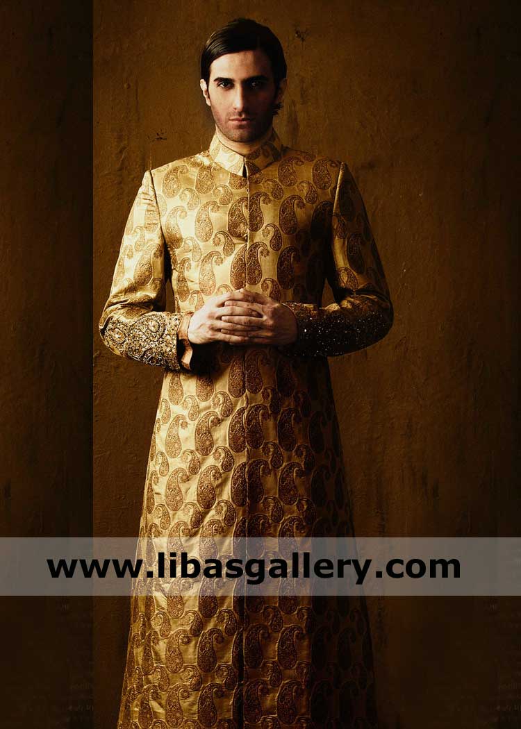 Gold Jamawar Men Sherwani for Barat Nikah rich quality hand embellishment on sleeves paired with inner kurta trouser Stoke-on-Trent Coventry Sunderland UK