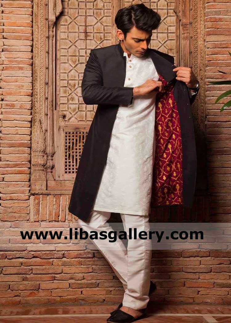 Fawad khan in Sober Men Sherwani suit to attend Relatives and Friend Wedding party along with Chikan Kurta and Pajama Qatar Kuwait Saudi Arabia