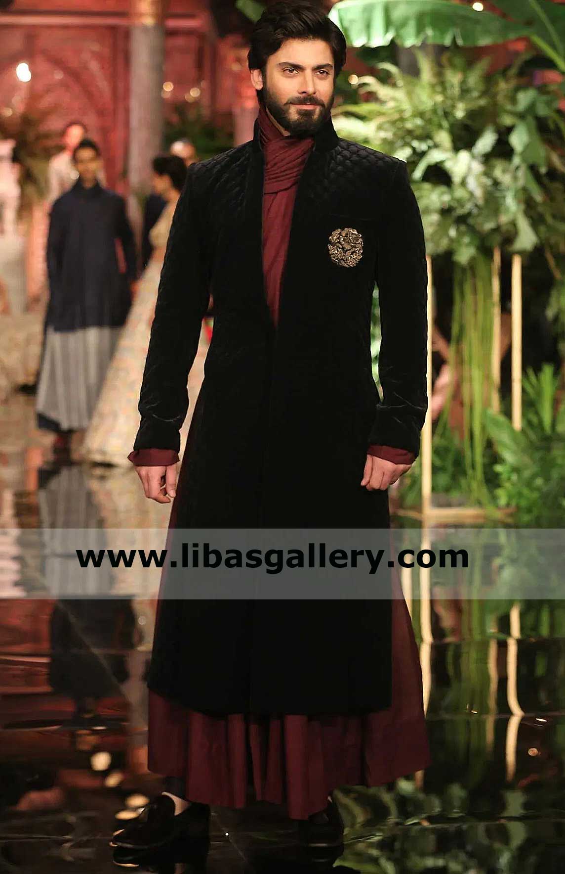 Fawad khan actor in black high neck collar embroidered sherwani suit with Anarkali Style kurta and Churidar Pajama Houston San Antonio Dallas USA